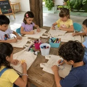 Crianças desenhando e pintando em oficina infantil sacolas ecobag
