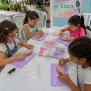 Meninas decorando escovas em oficina escova de cabelo com pedrarias e miçangas