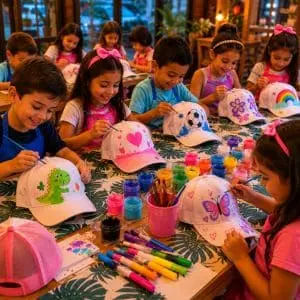 oficina infantil customização de bonés Organizadores de pedrarias, lantejoulas e feltros separados por cores