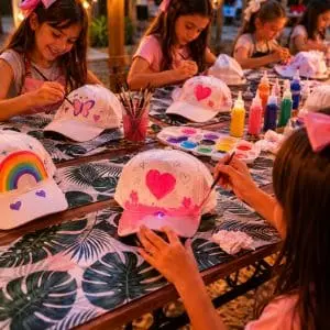 oficina infantil customização de bonés Grupo de amigos exibindo seus bonés customizados com marcas pessoais