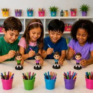 Crianças na oficina de pintura de bonecos 3d personalizados concentradas na criação artística da lembrança