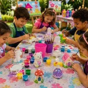 crianças se divertindo pintanto na oficina infantil pintura gesso da tia rita festas