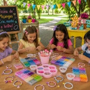 meninas se divertindo na oficina infantil miçangas com monitores treinados