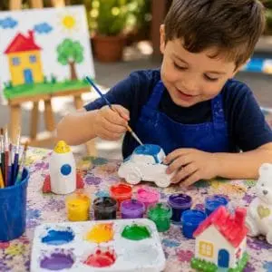 menino feliz pintando em gesso na nossa oficina infantil pintura gesso da tia rita festas