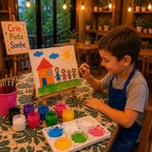 menino pintando e se divertindo em nossa oficina infantil pintura tela