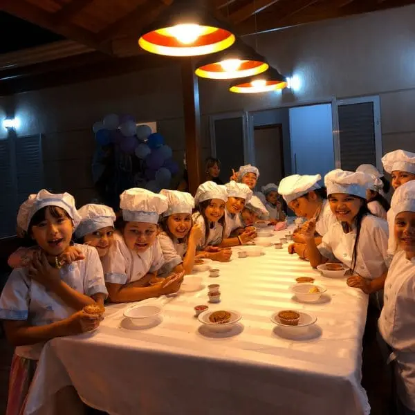 Crianças decorando bolinhos na oficina infantil cupcakes da Tia Rita Festas