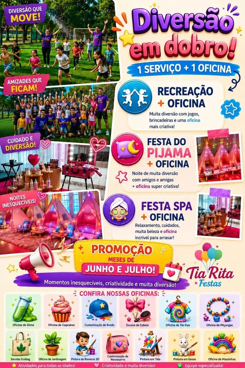 Promoção Tia Rita Festas 1 serviço mais 1 oficina infantil